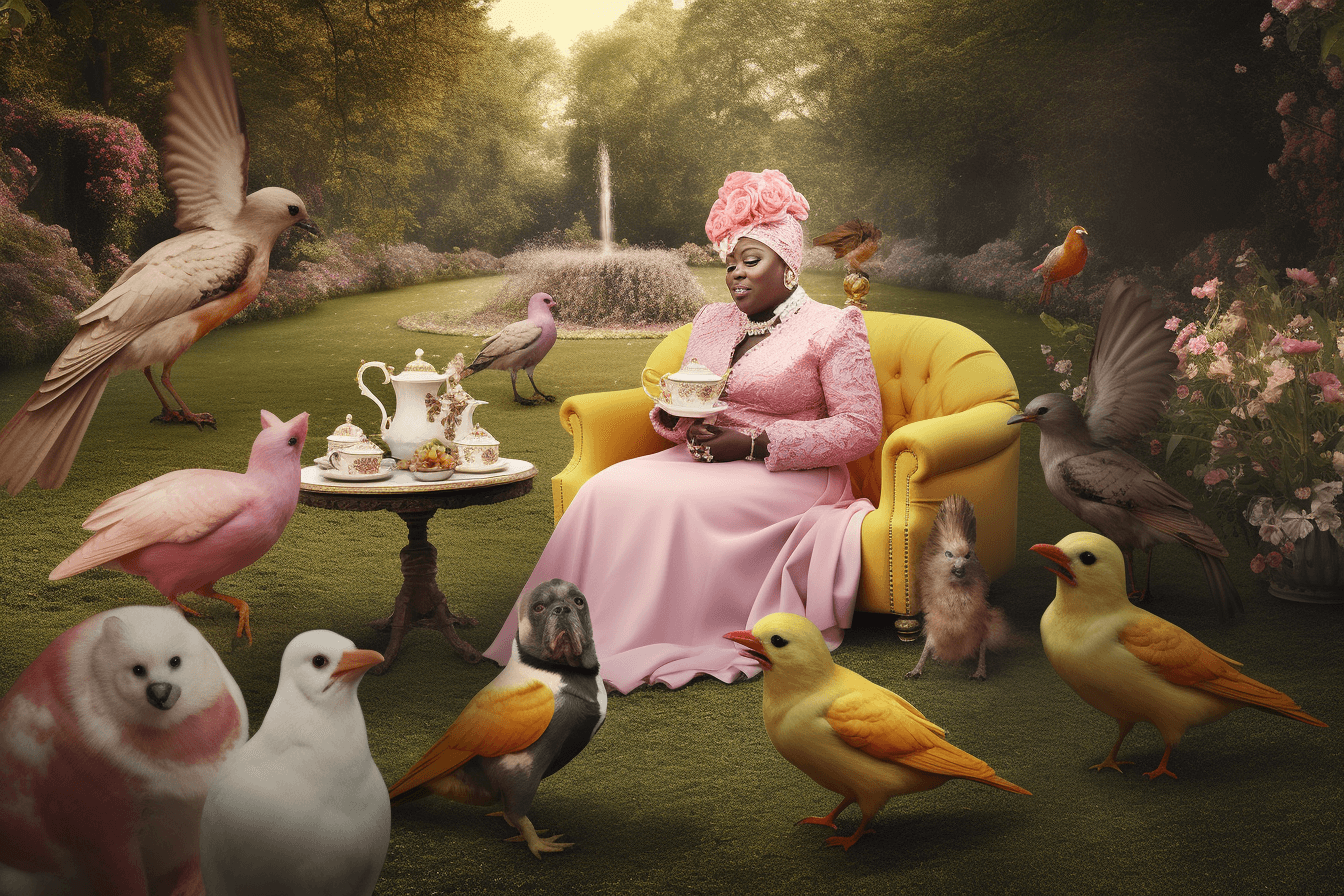 AI generated image of the Queen and 50 Cent at a tea party